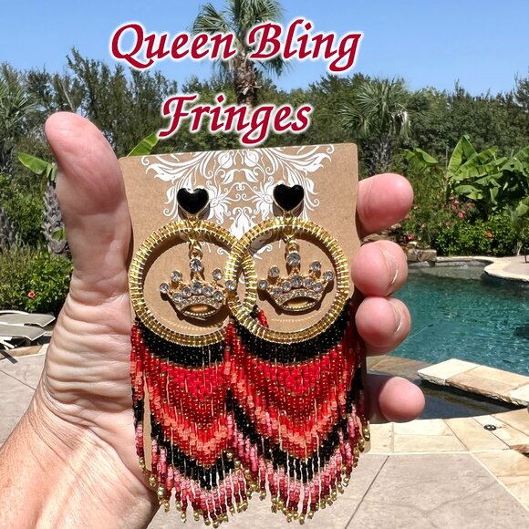 Handmade Beaded Queen Long Fringe Dangle Drop Lightweight Post Hoop Earrings - Picture 10 of 10